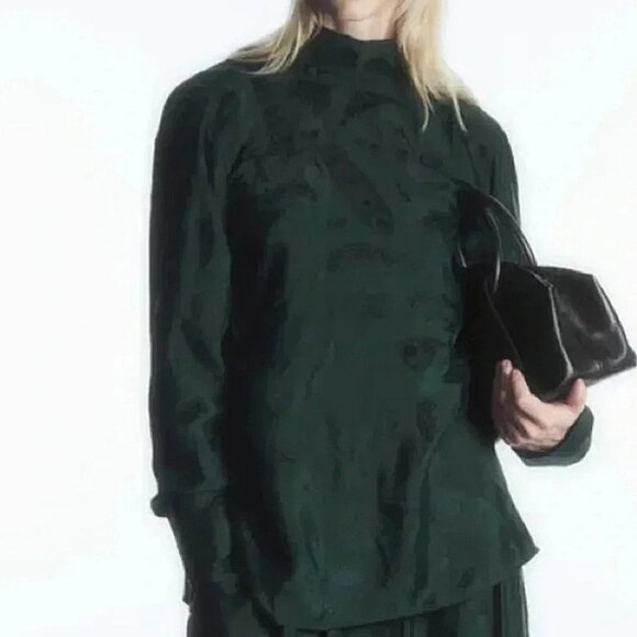 COS Jacquard Bow Back Silky‎ Blouse Sz 4 Dark Green Shirt Relaxed Long Sleeve - Picture 12 of 13